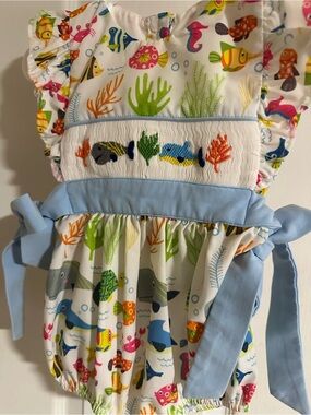 Kensington Kids Ocean Friends Smocked Baby Romper with Light Blue Sash 9month